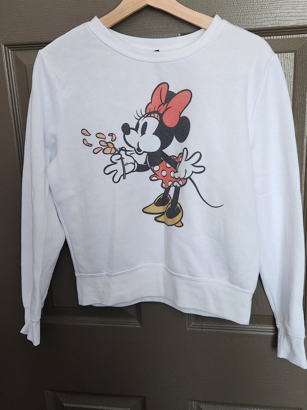 Disney White Minnie Mouse Crewneck Sweatshirt with Red Bow